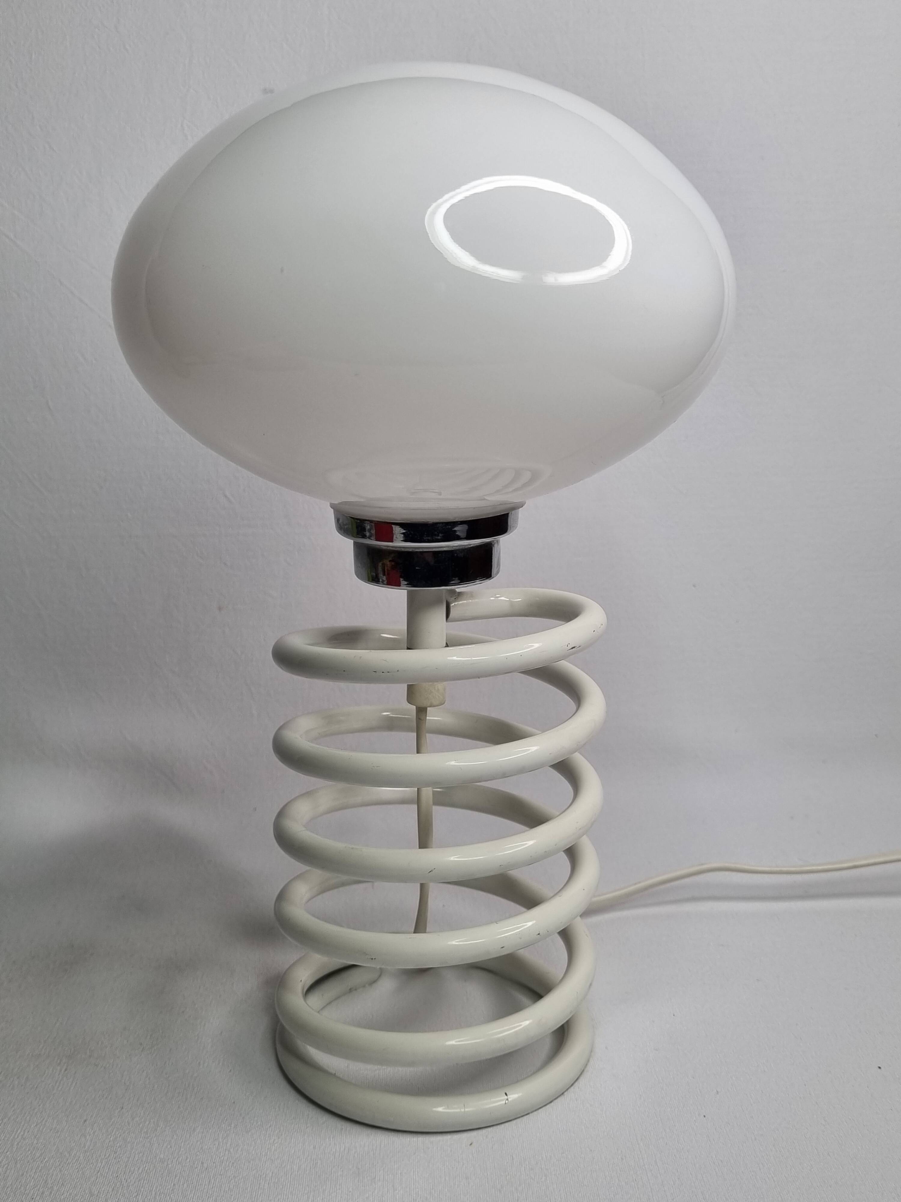 Vintage table lamp with spring base, opaline globe, Maurer style, 80s