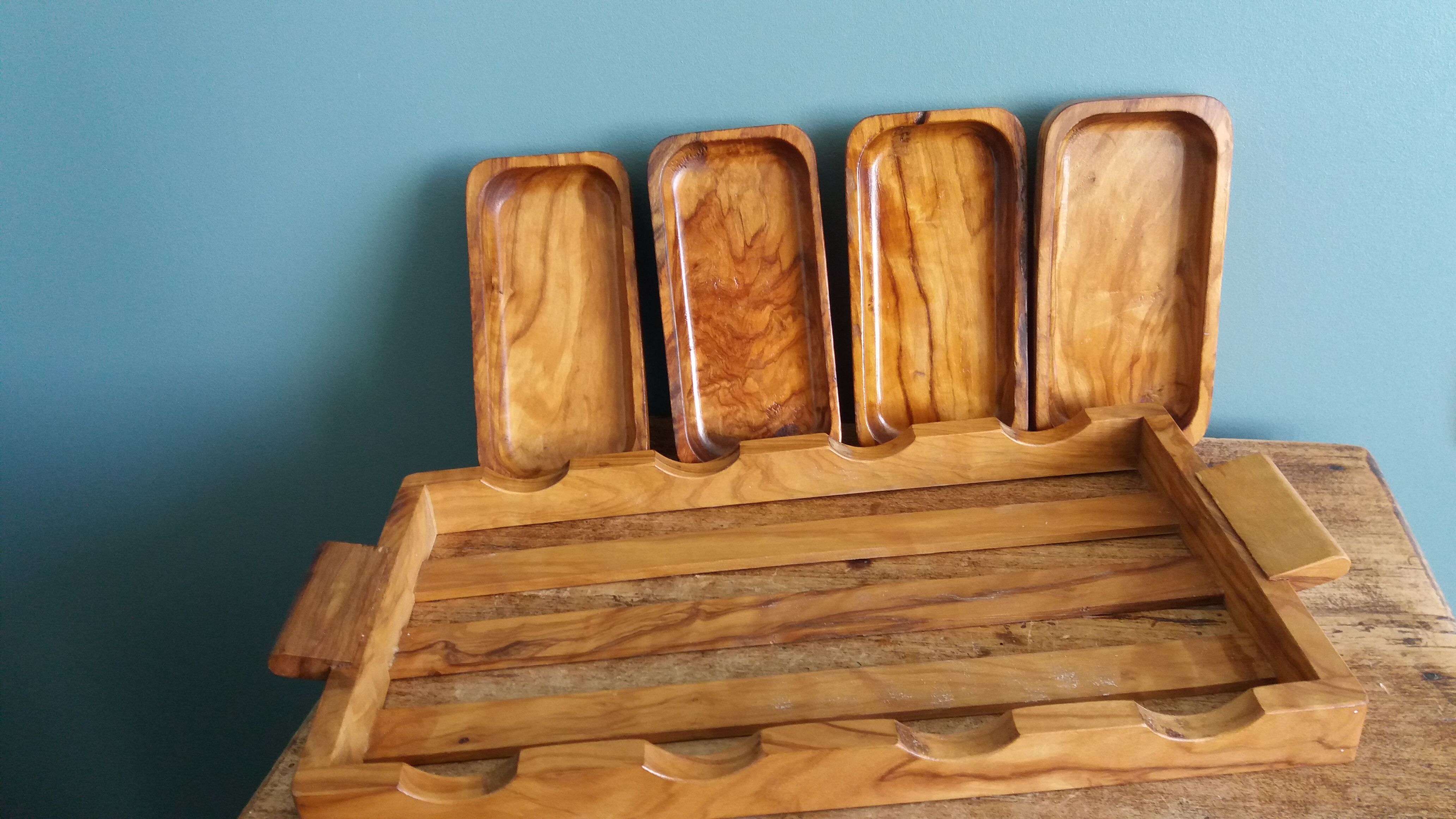 Olive wood aperitif platter and ramekins