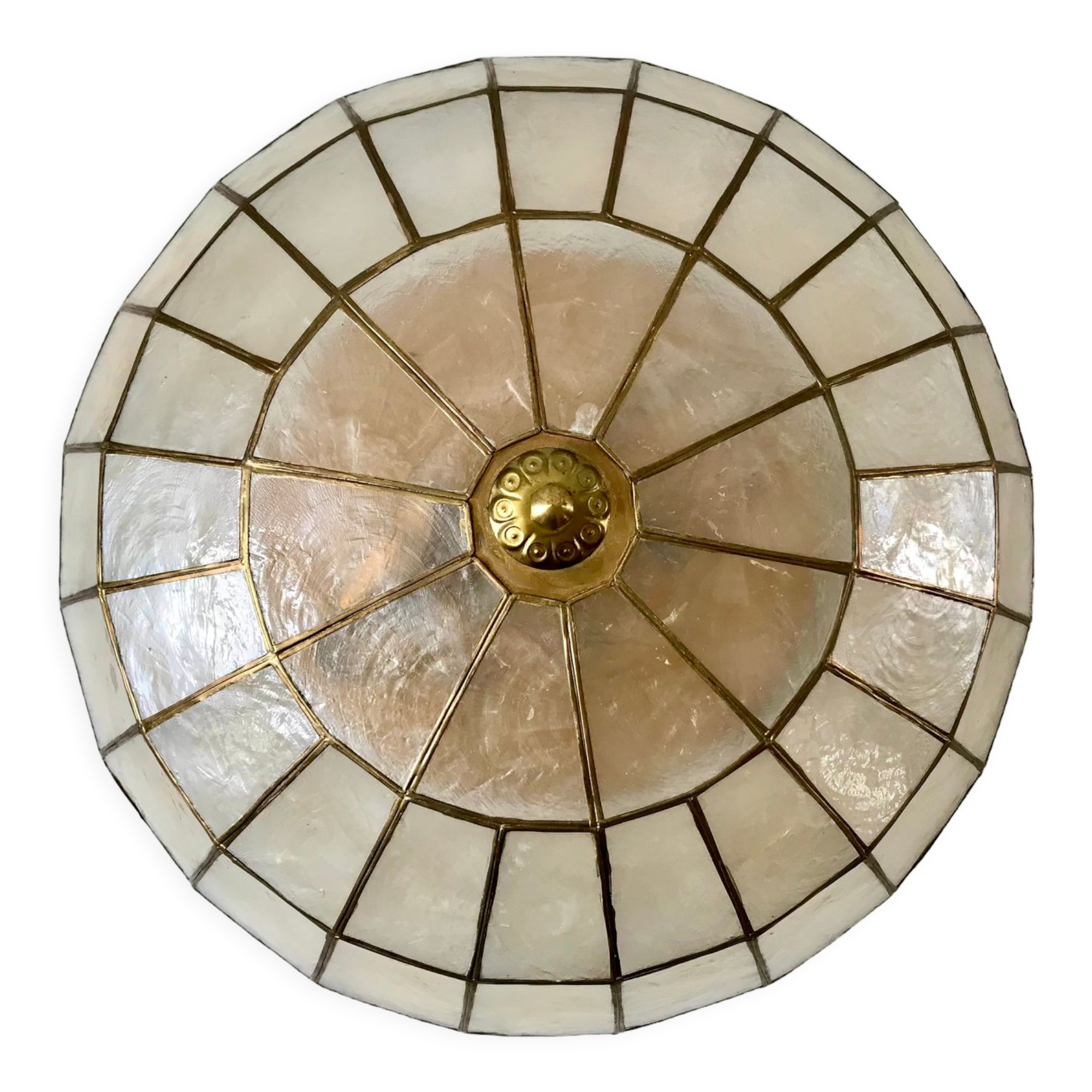 Ceiling lamp in mother-of-pearl and brass two fires 50s