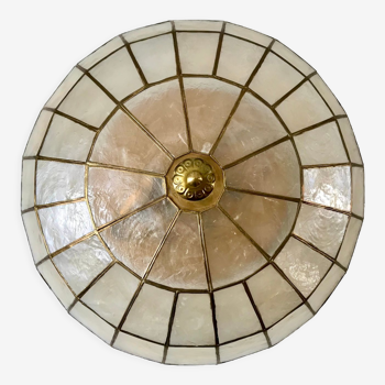 Ceiling lamp in mother-of-pearl and brass two fires 50s