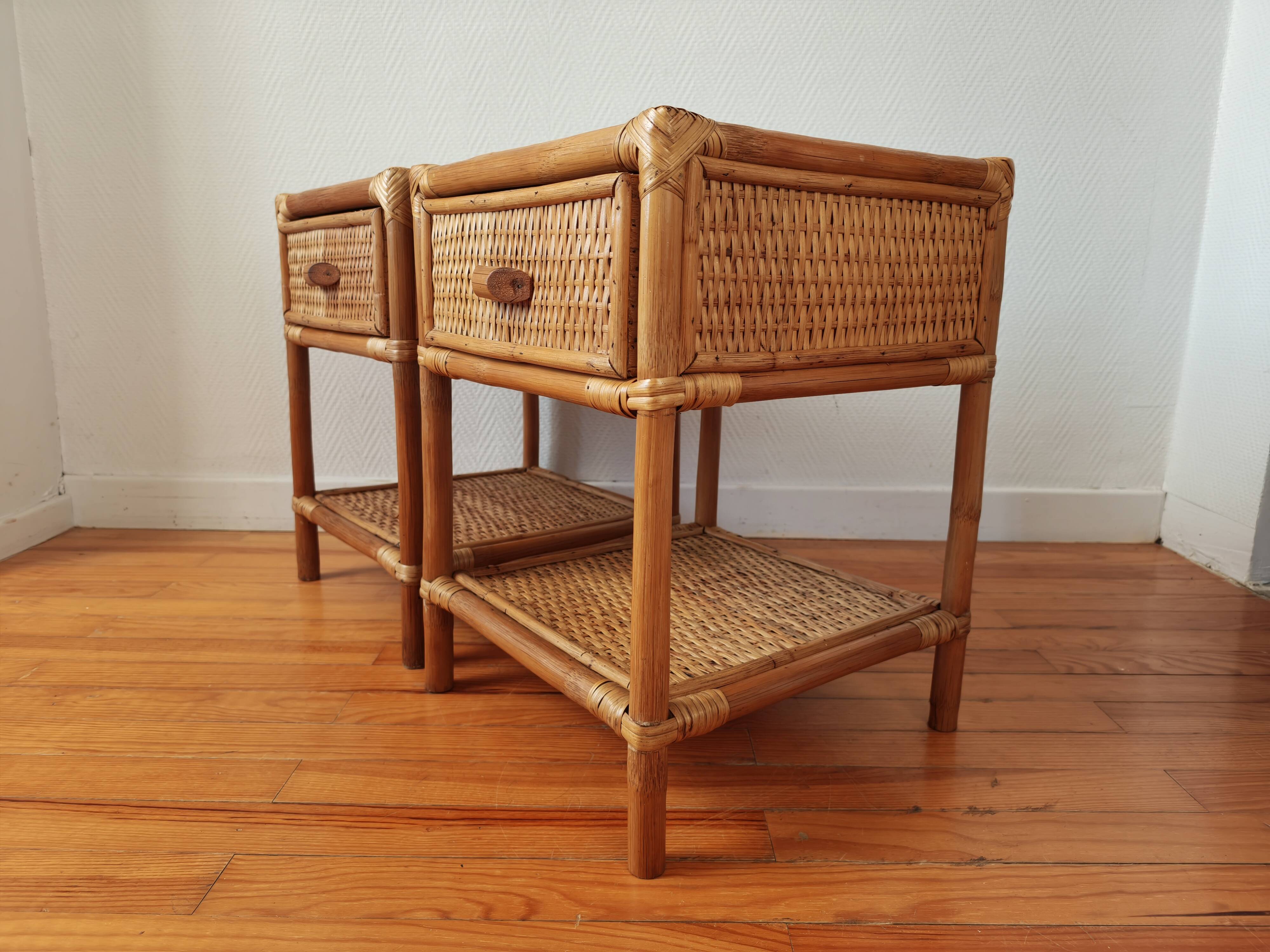 Pair of bedside tables in rattan and wicker - circa 1970
