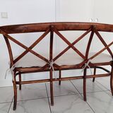 CURVED WOOD AND CANE BENCH