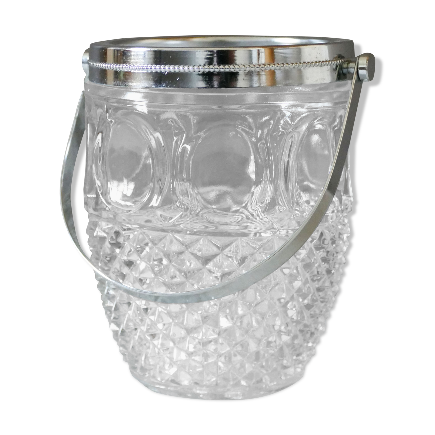 Vintage glass ice bucket stamped with a metal handle