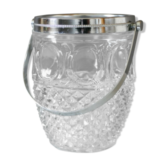 Vintage glass ice bucket stamped with a metal handle