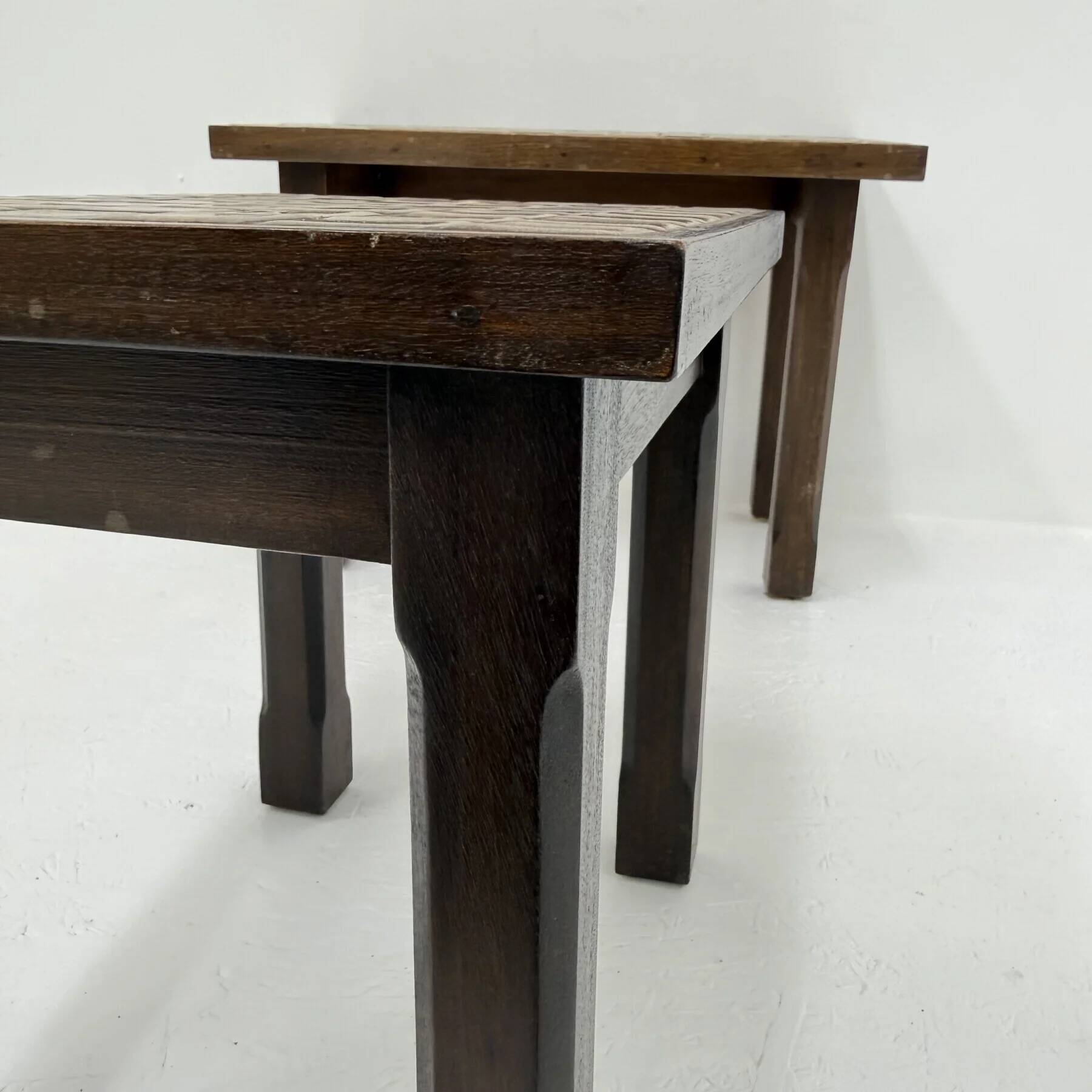 Set of 2 brutalist side tables in solid oak with tiled tops, 1970s.