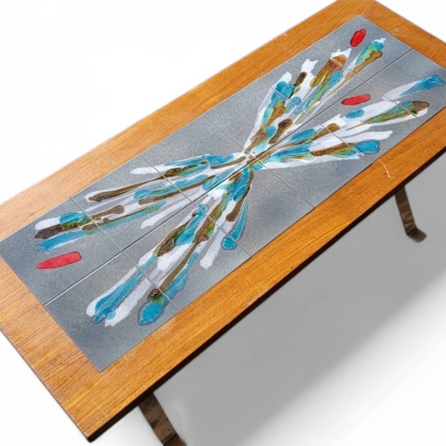 Vintage 70s design coffee table, wooden and ceramic top with aluminium legs.