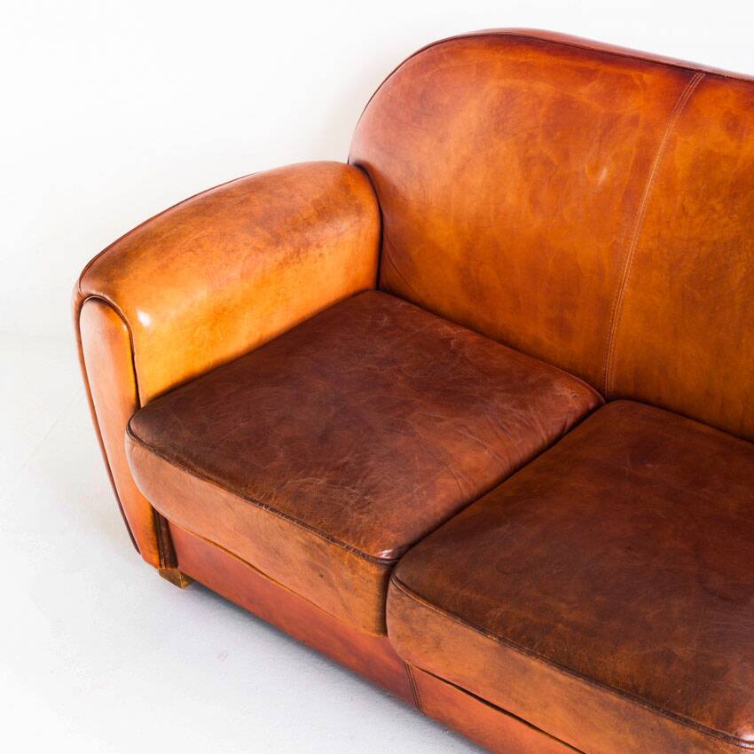 Vintage leather club sofa. Art Deco style. France, 1950s. (sofa convertible into bed)