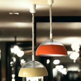 Pair of glass and holophane metal pendant lights, 1970s