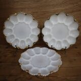 3 vintage plates for deviled eggs / oysters in white glass and gold
