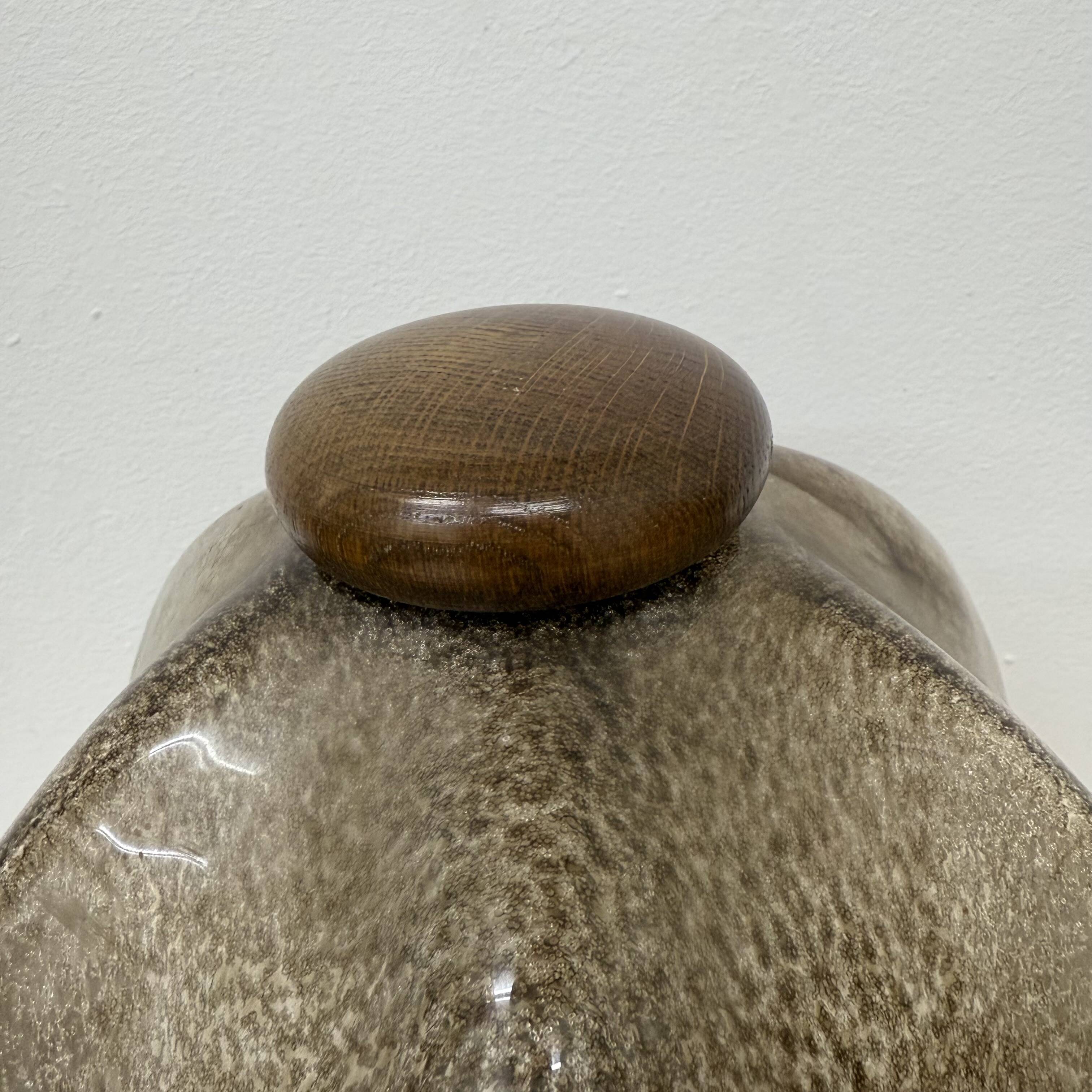 Vintage brutalist glass table lamp with solid oak wooden base , 1970s