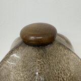 Vintage brutalist glass table lamp with solid oak wooden base , 1970s