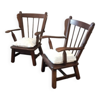 Pair of brutalist oak armchairs 1970