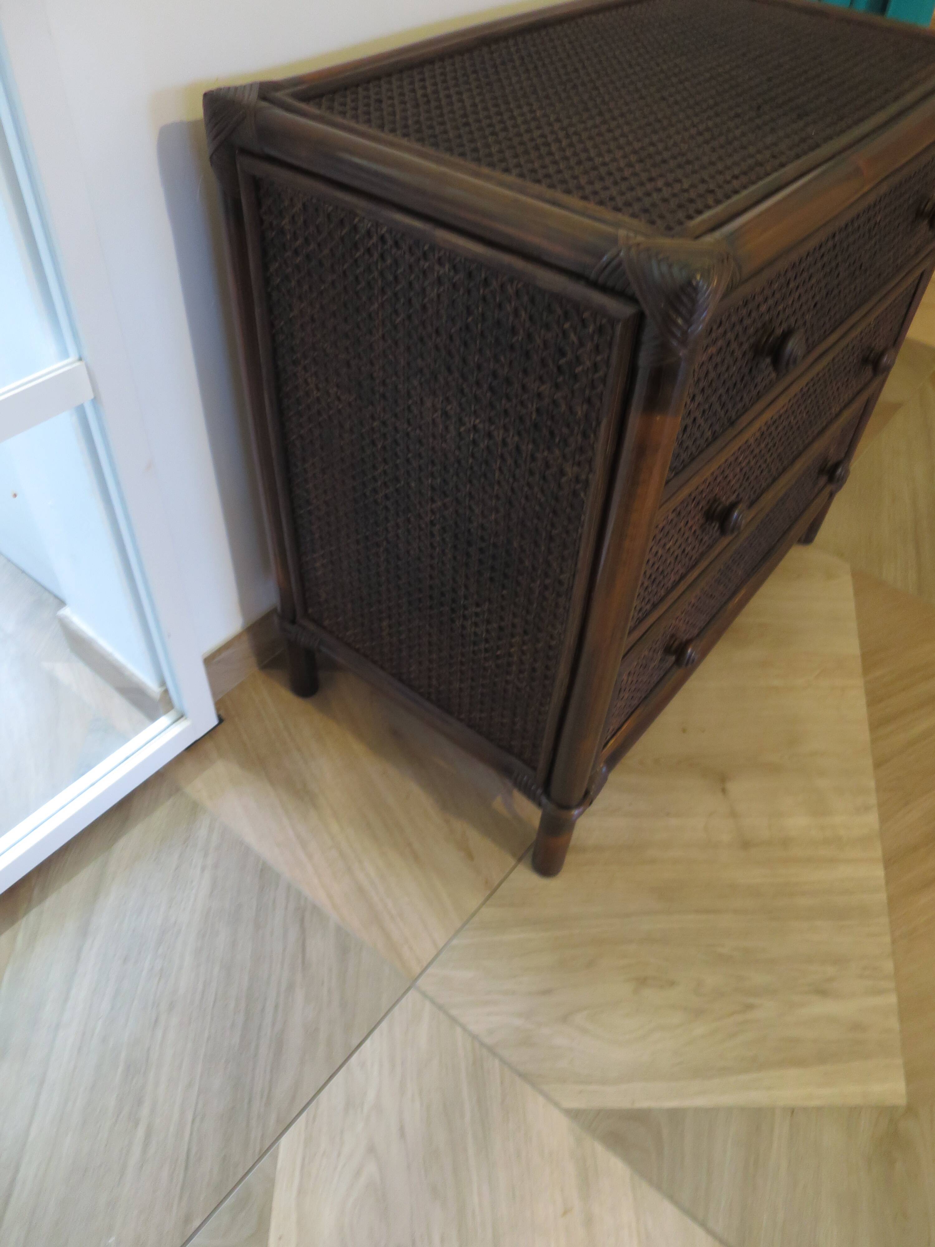 Vintage 3-drawer chest of drawers - wood, bamboo and woven rattan - 1980s
