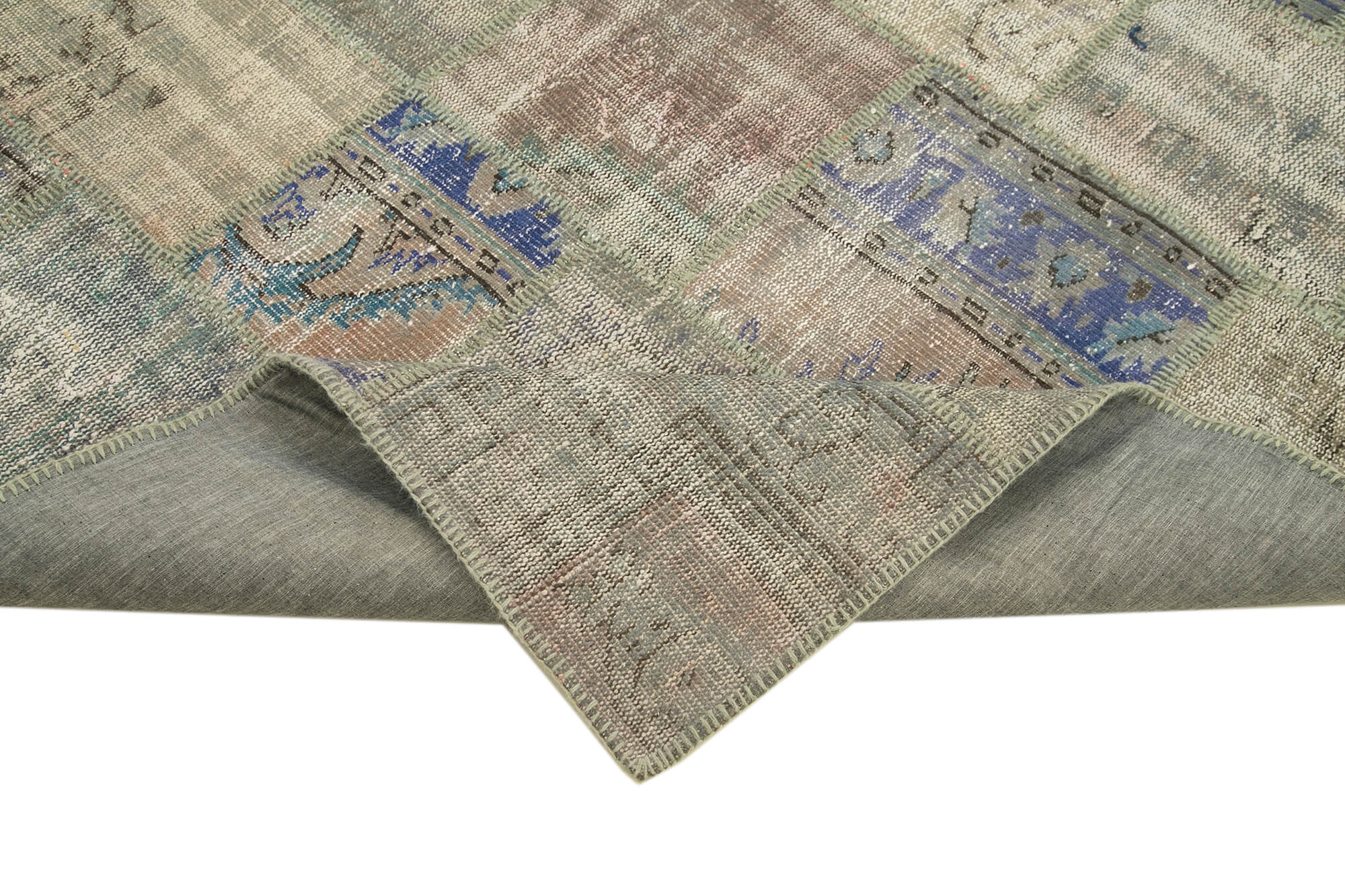 Hand-knotted turkish vintage 178 cm x 250 cm grey patchwork carpet