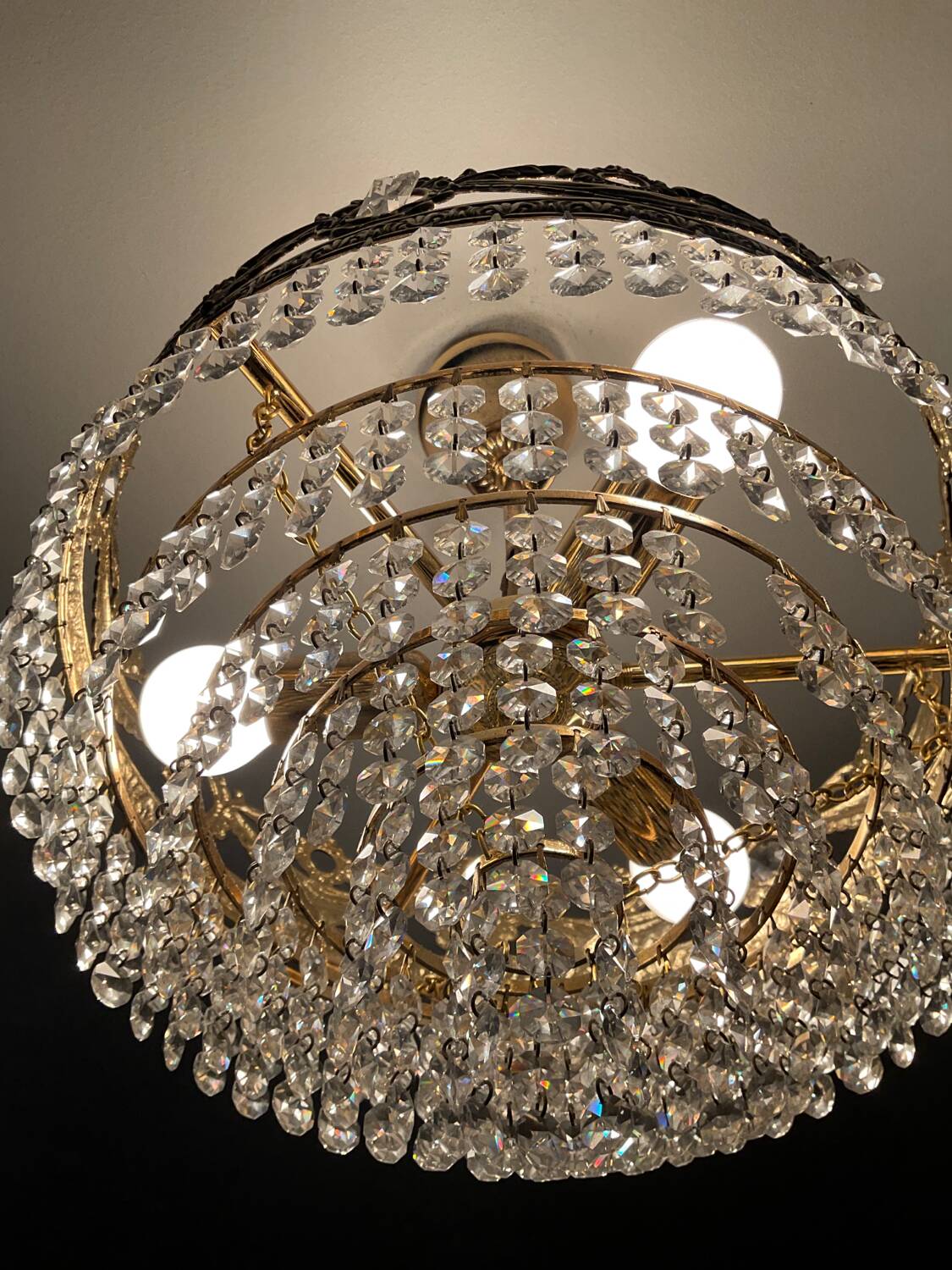 Vintage chandelier cascade of crystal and brass tassels