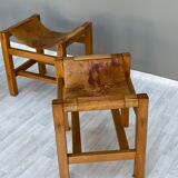 House Regain 3 Stools In Solid Elm And Leather 70s