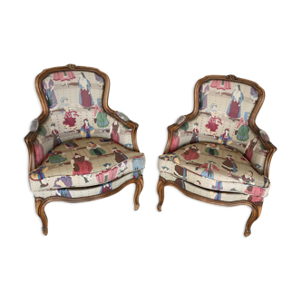Pair of LOUIS XV-style moulded wooden shepherdesses and fabric