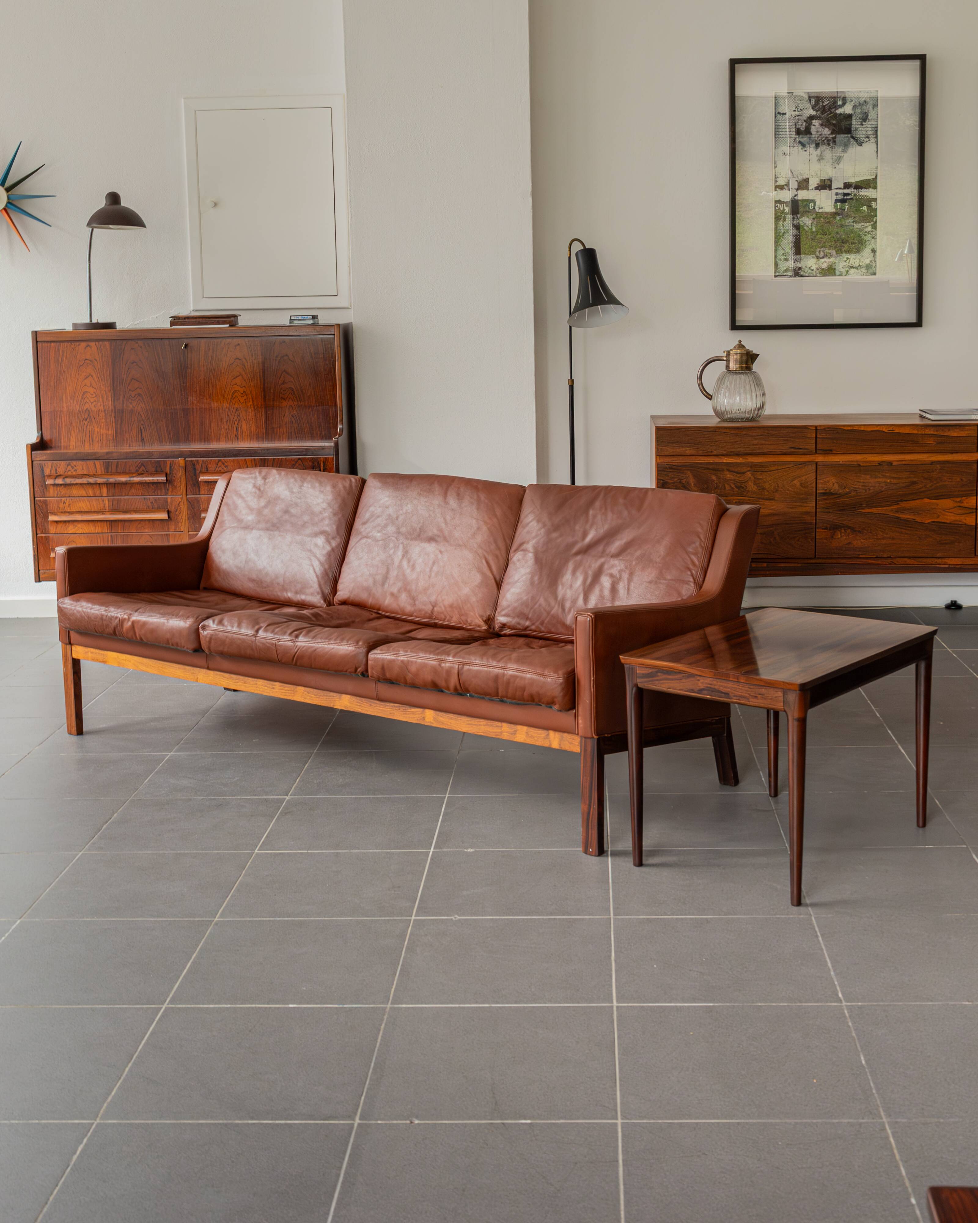 Kai Lyngfeldt Larsen rosewood and leather 3 seater sofa