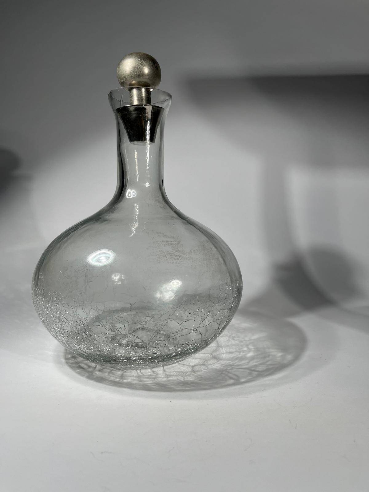 vintage cracked glass carafe with metal stopper