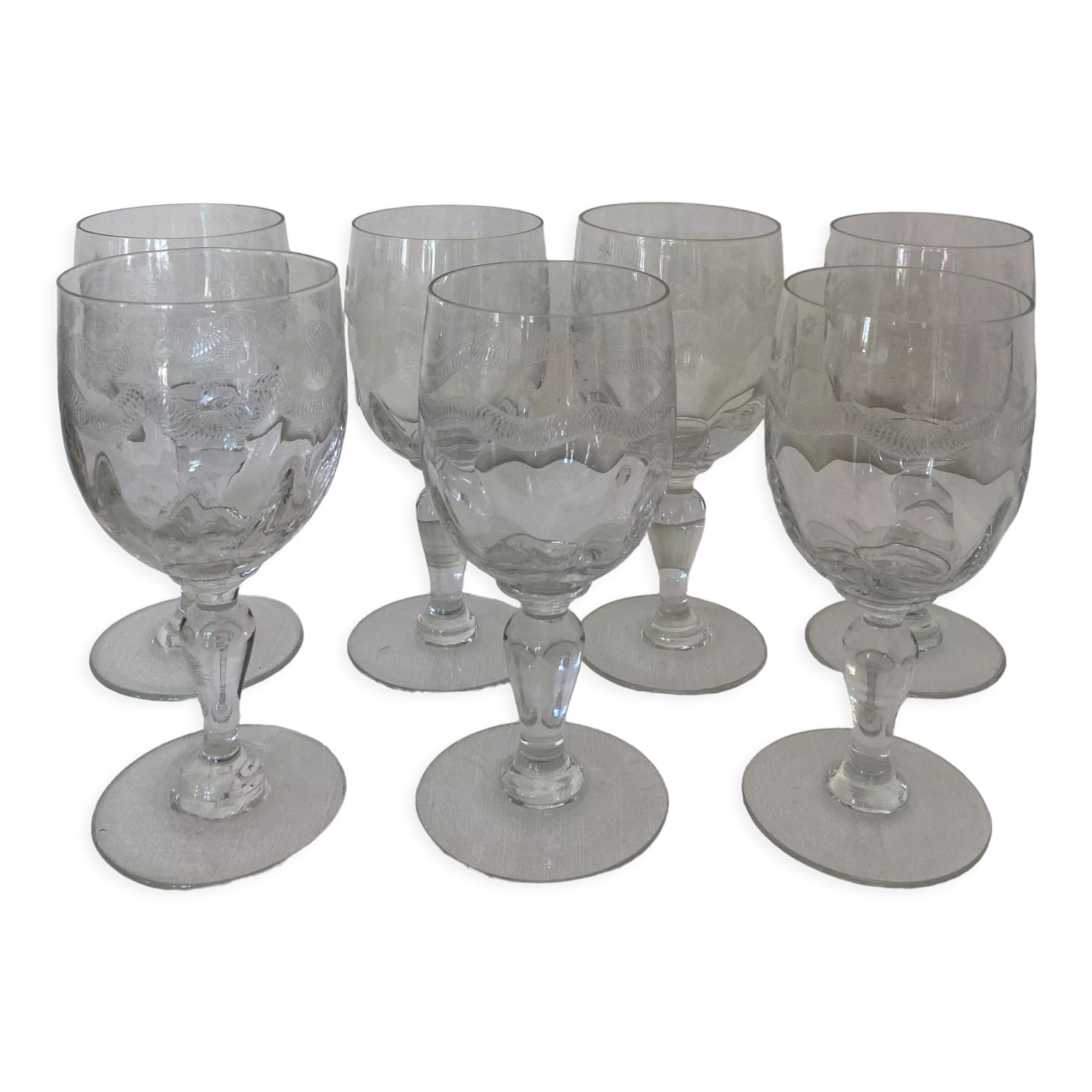 Set of 7 water glasses engraved crystal from Portieux