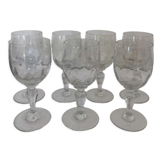 Set of 7 water glasses engraved crystal from Portieux