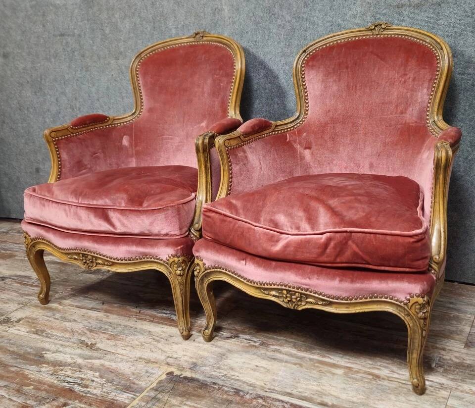Pair of cabriolet armchairs in Louis XV style – Carved wood – Pink velvet –