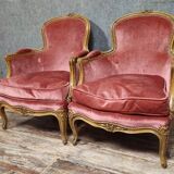Pair of cabriolet armchairs in Louis XV style – Carved wood – Pink velvet –