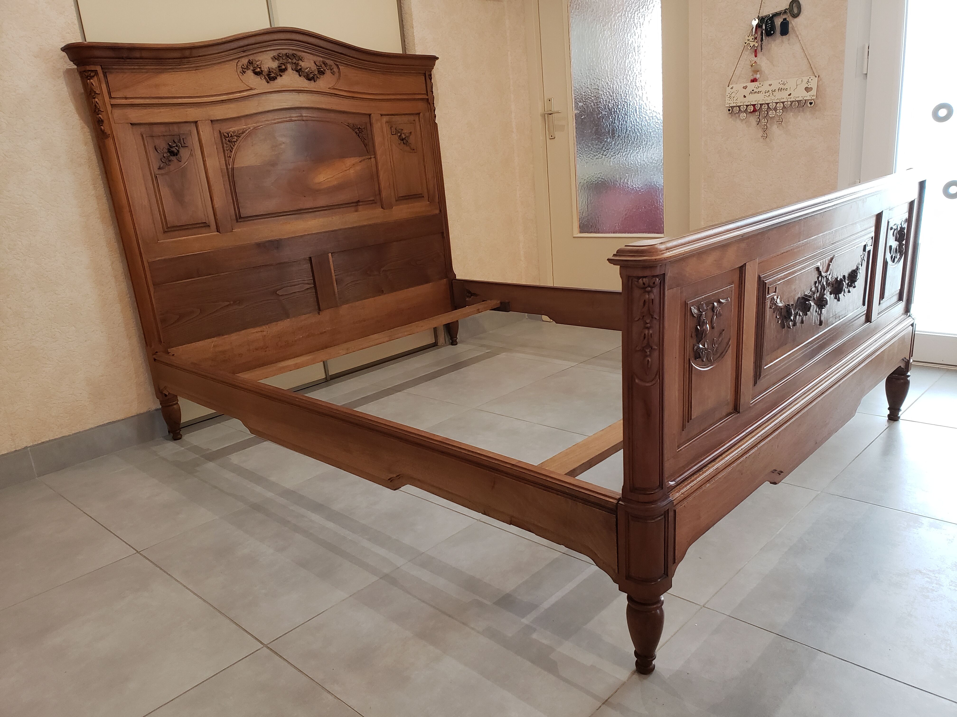 Vintage old walnut bed carved late nineteenth century