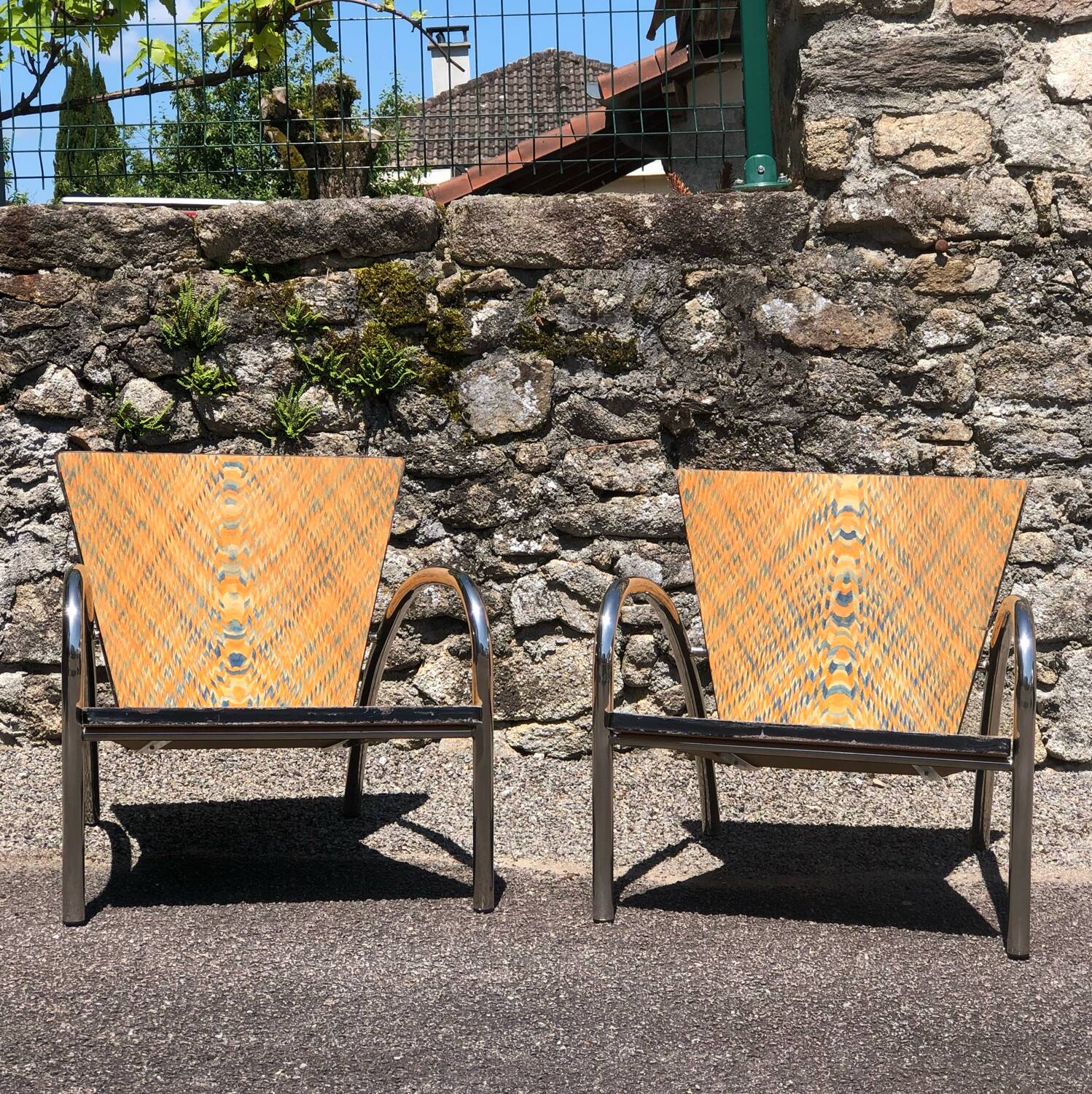 Pair of 2 atypical armchairs wood, chrome and leather vintage 1980