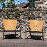 Pair of 2 atypical armchairs wood, chrome and leather vintage 1980