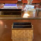 Hollywood regency brass and woven bamboo magazine rack, Metal Linea Nova Italy 1970