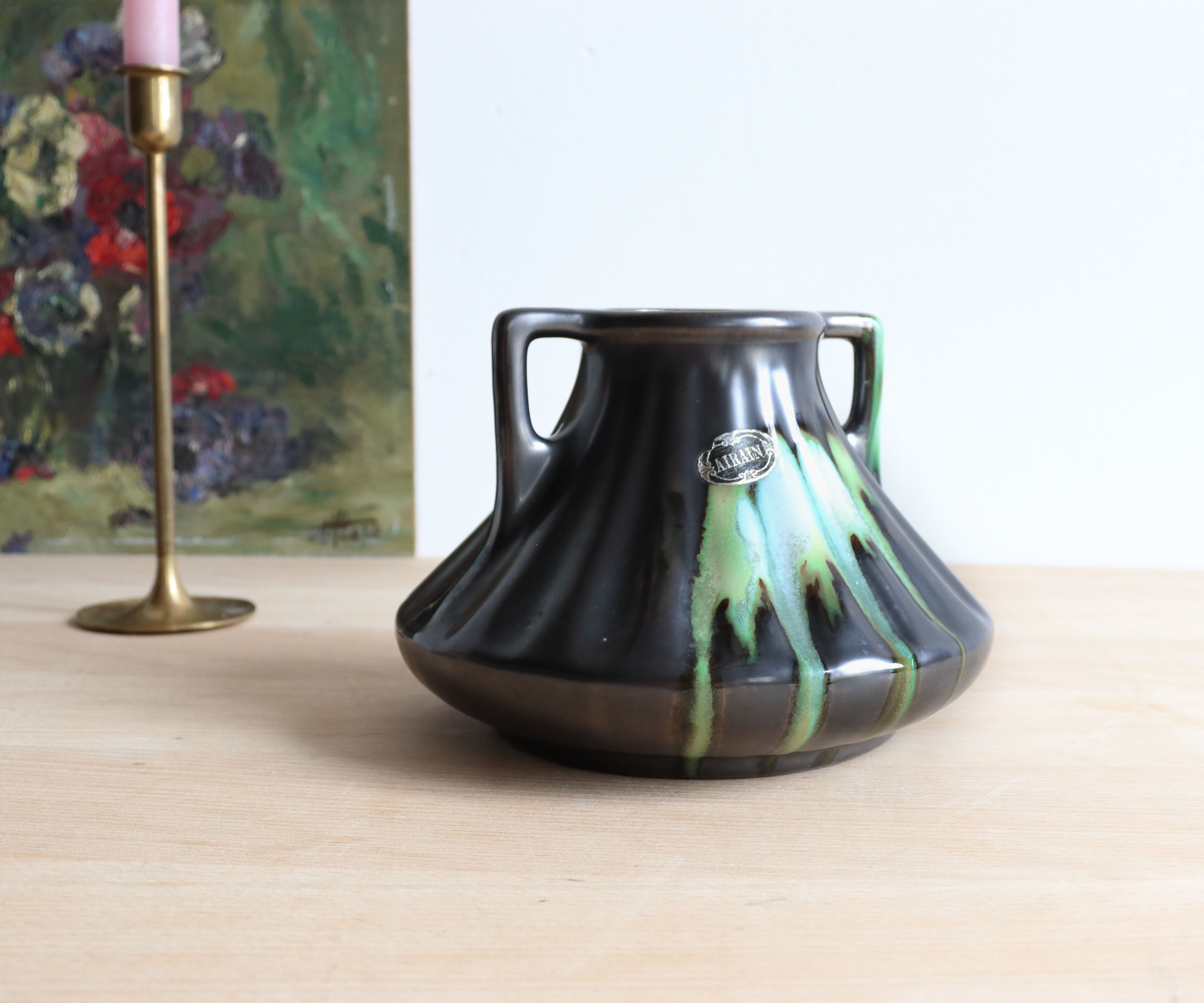 Thulin Airain flamed stoneware vase with handles, Belgium, Art Deco period