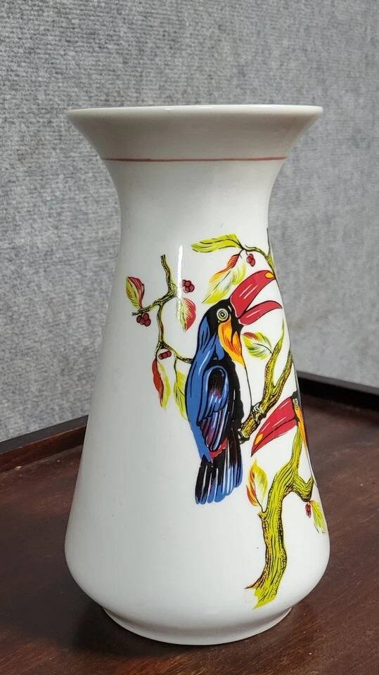 Finely hand-painted porcelain vase with toucans, circa 1950