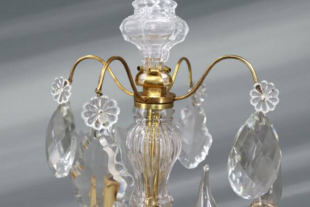 Pair of Louis XV Style Bronze & Crystal Chandeliers with 4 Lights