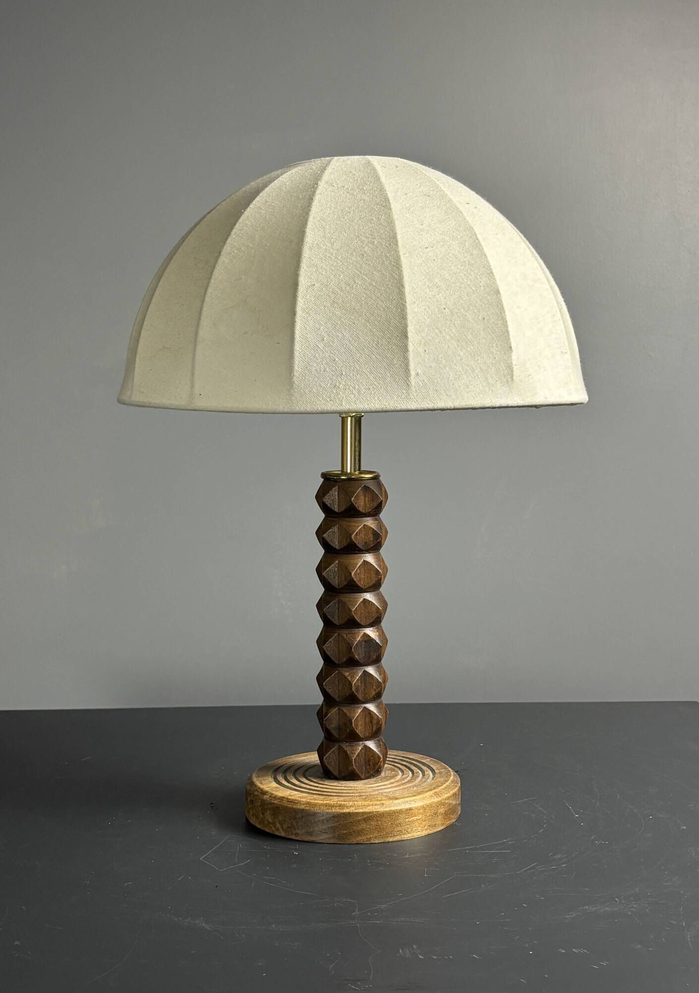 Midcentury brutalist wood turned mushroom table lamp, Charles Dudouyt style