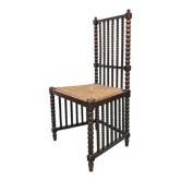 Antique High Back Bobbin Chair in Oak with Straw Seat, 1900s