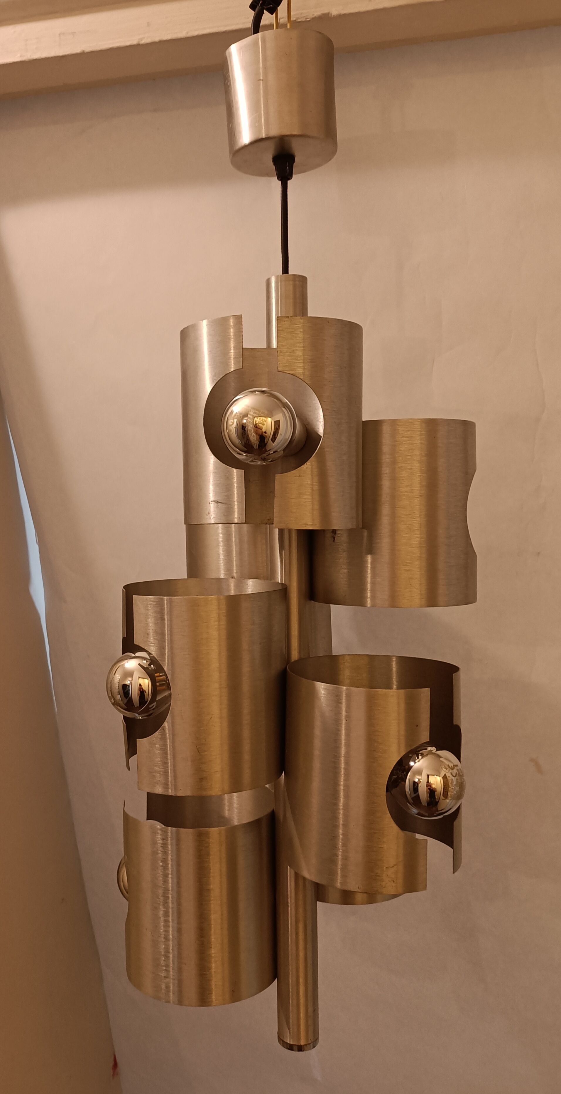 Chandelier with 7 lights in brushed aluminum, Italy 1970 Vintage