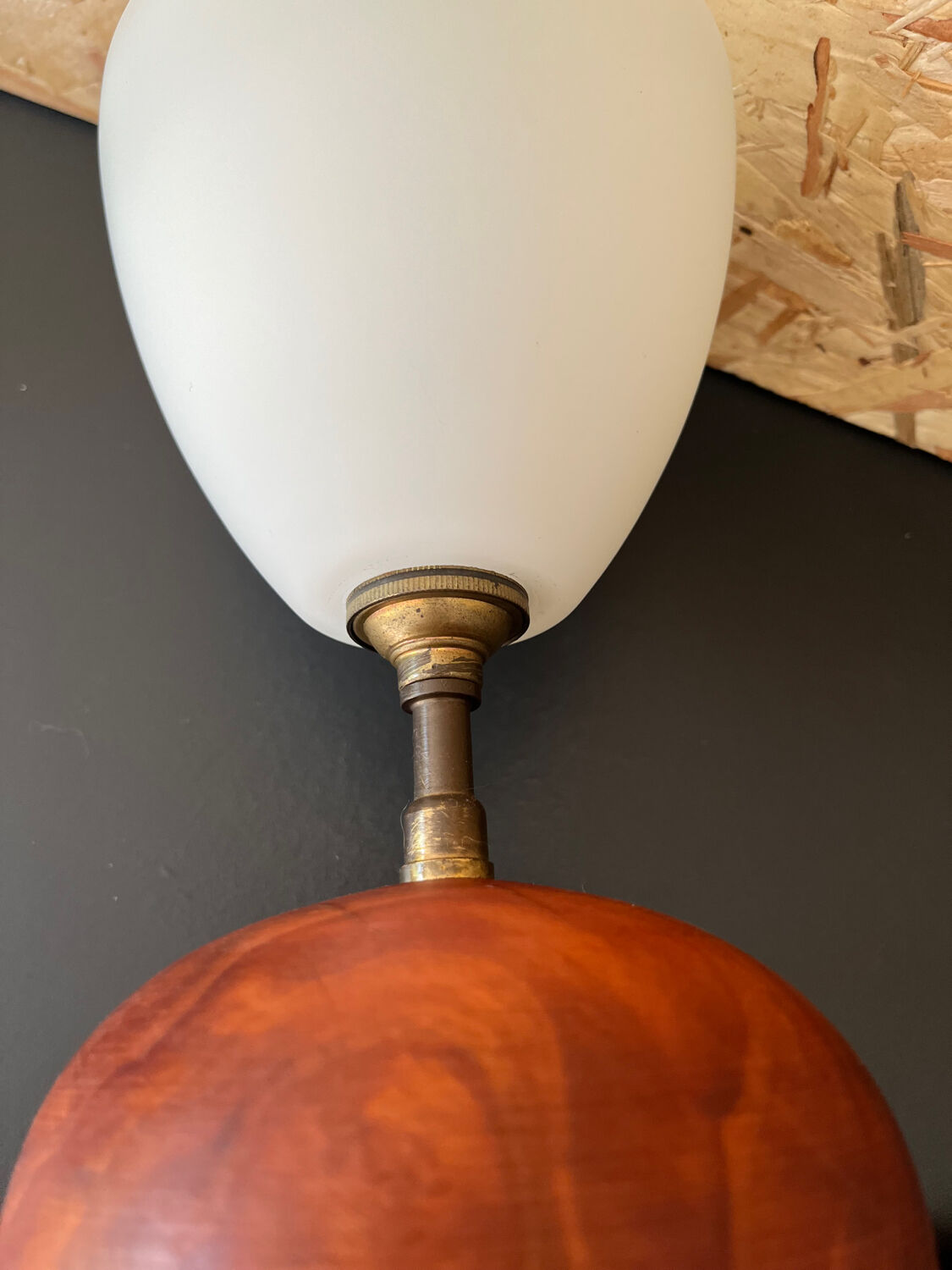 Small model wooden ball lamp with molded glass tulip