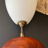 Small model wooden ball lamp with molded glass tulip