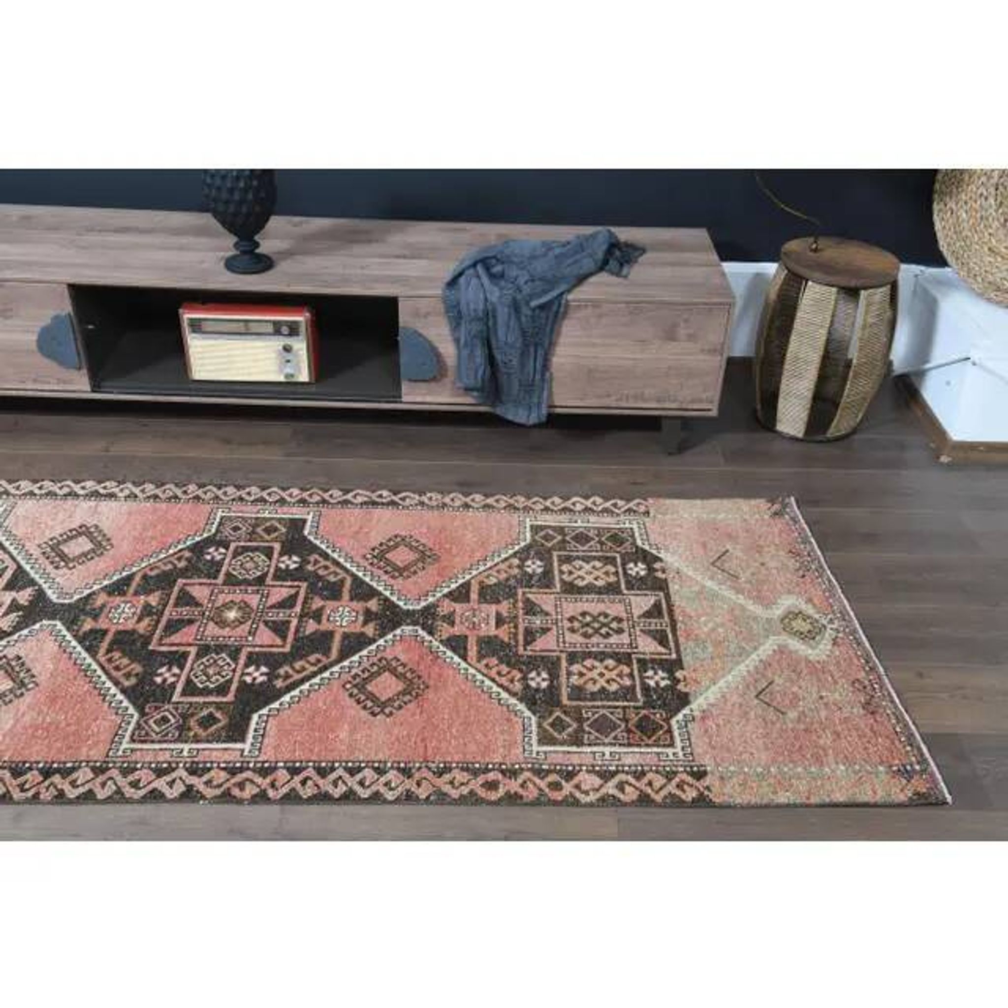 1970s Turkish Oushak Handmade Wool Cotton Pink Runner Rug  98x293