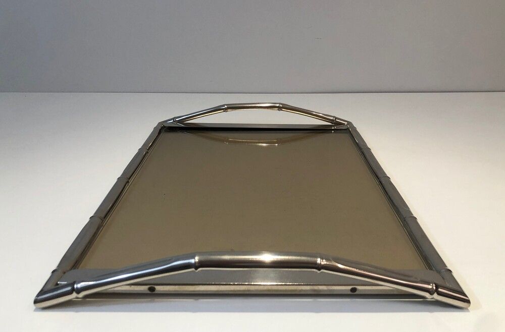 Chrome tray style faux-bamboo with smoked glass top