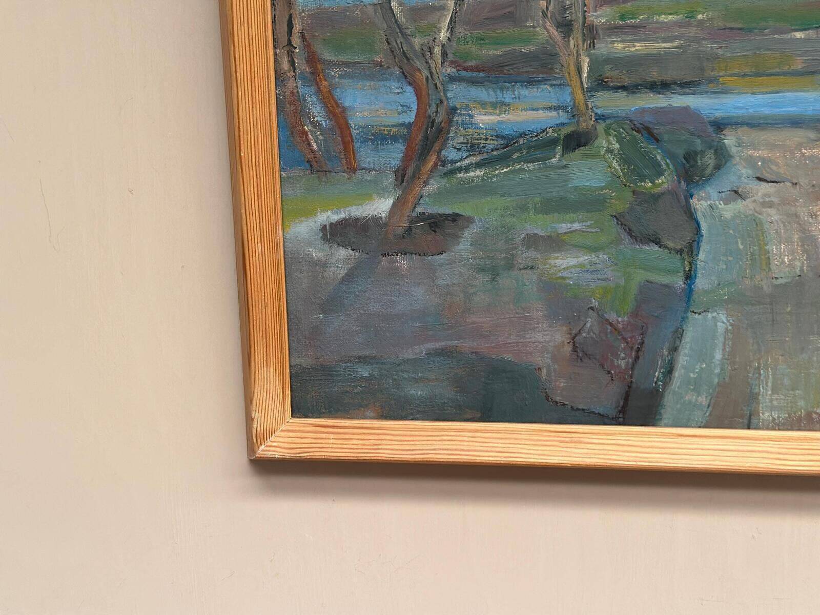 Original Mid Century Scandinavian Oil On Canvas – Path “H.E.” (1960) – Signed – Vintage & Framed – 52 × 43 Cm (20.5" × 16.9")