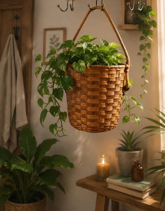 Hanging pot made of rattan and rope 1960