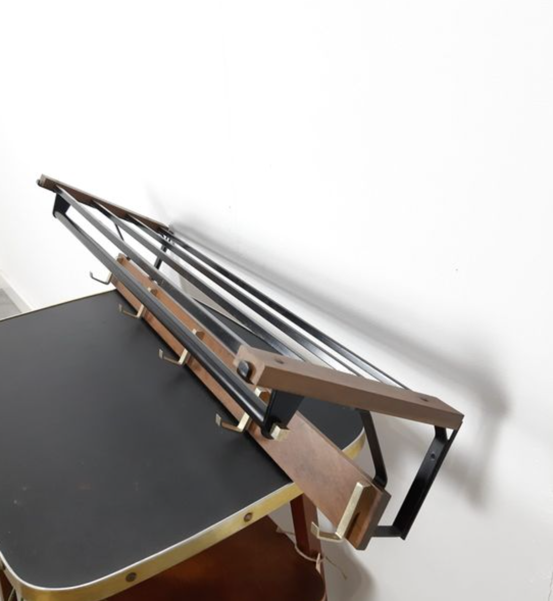 Vintage wooden wall coat rack with hooks and brass shelf