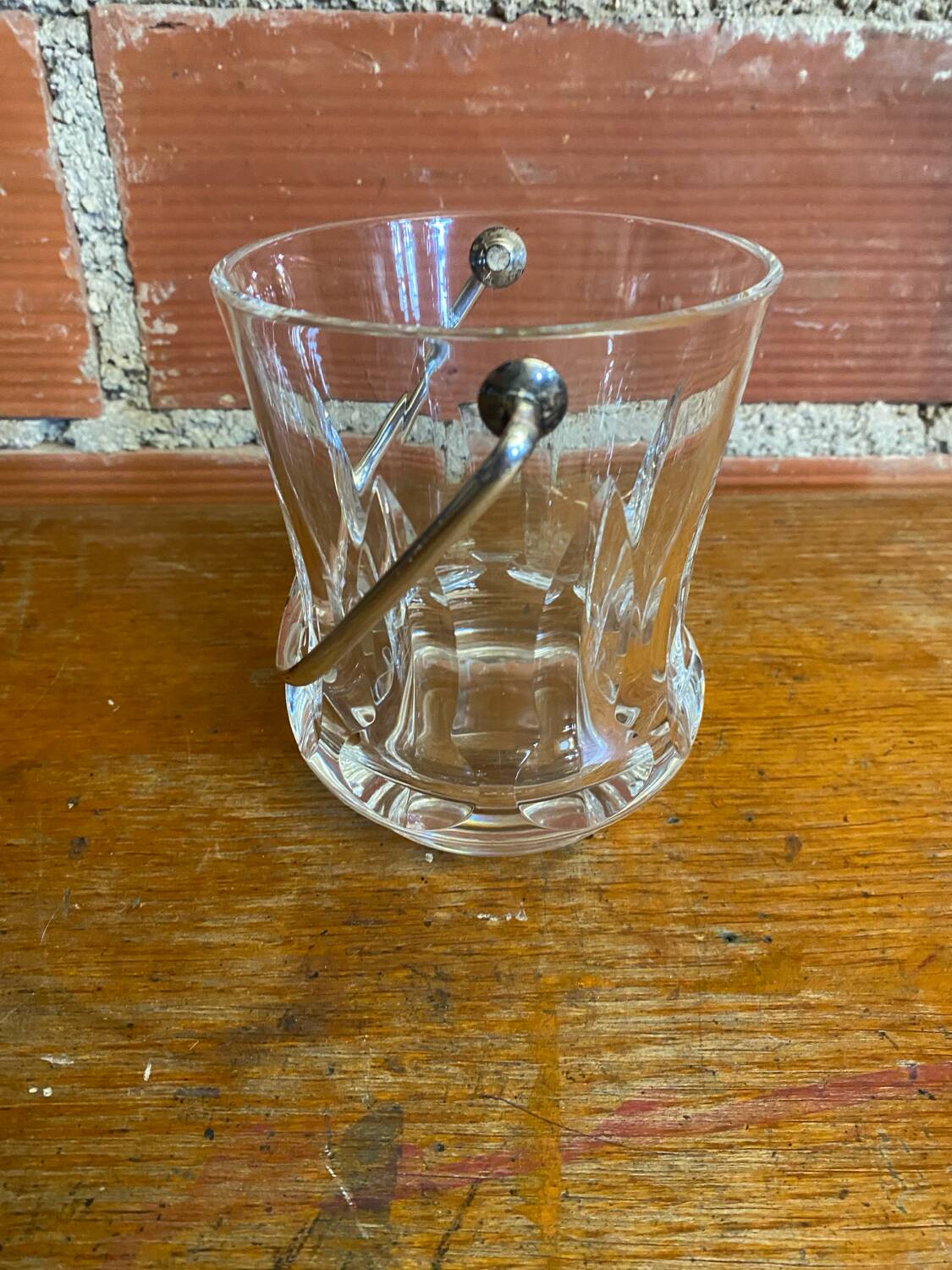 Vintage crystal ice bucket with mold and chrome metal handle