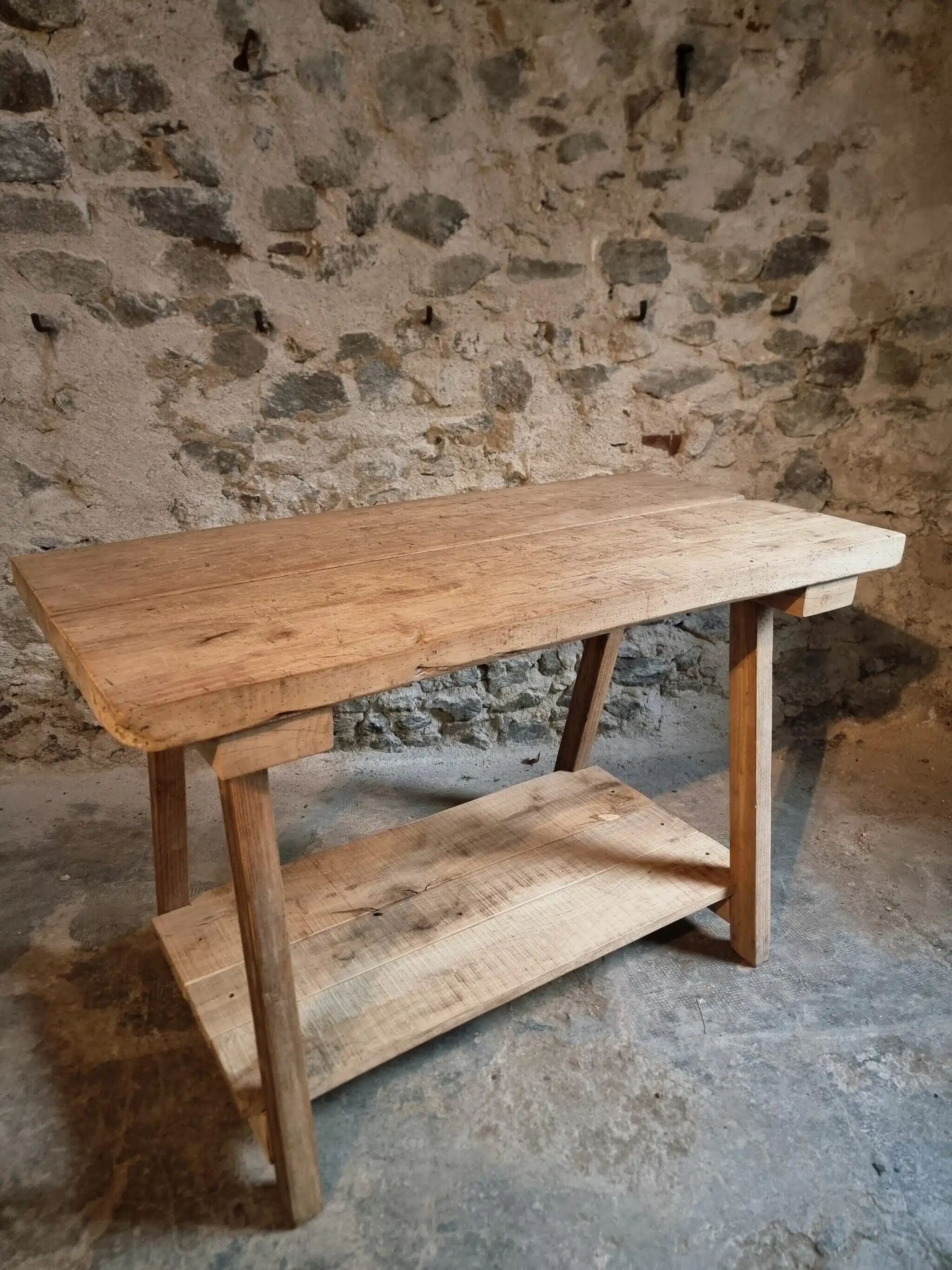 Old French work table / kitchen island / console, beech and chestnut, circa 1930–1950