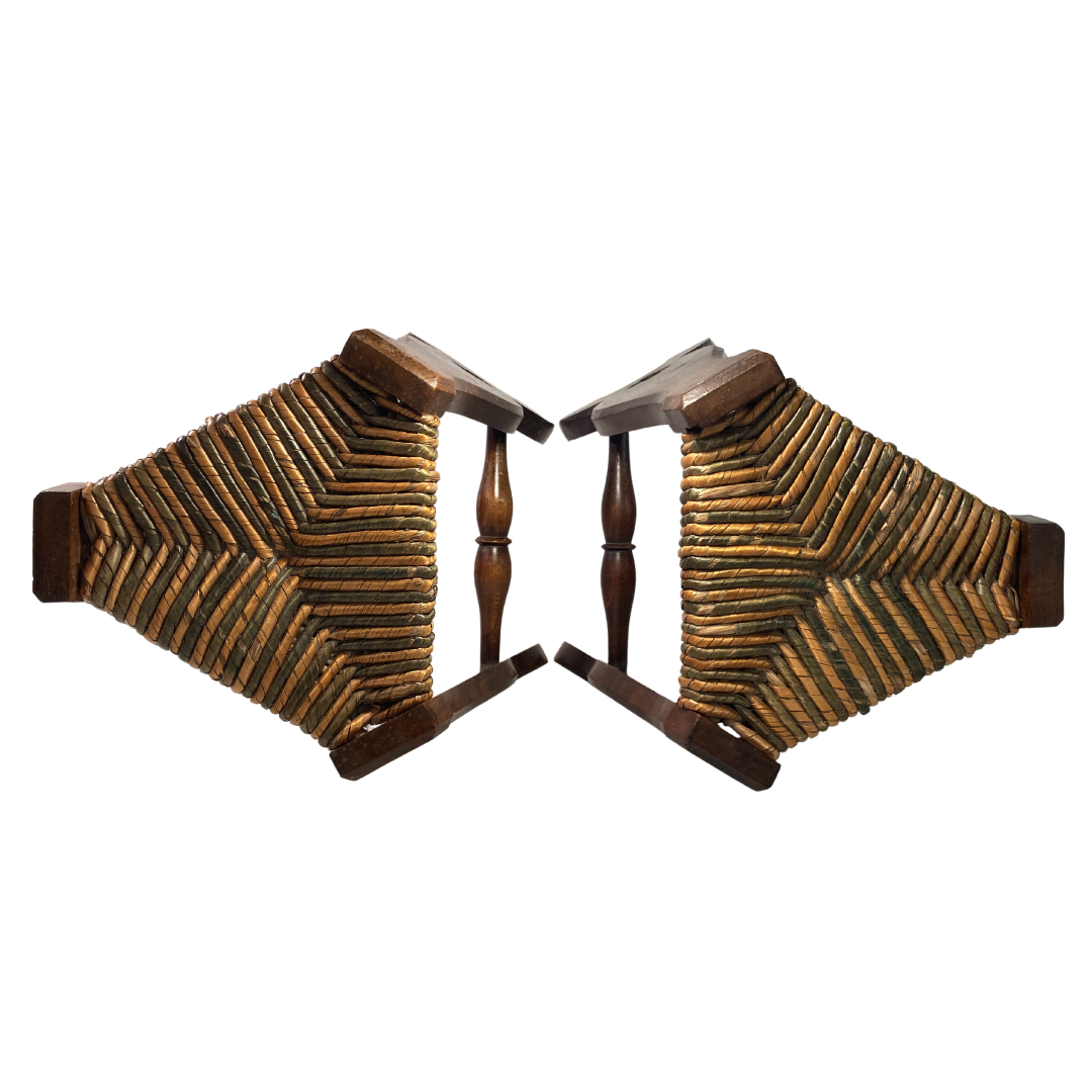 Pair of brutalist neo gothic rush oak tripod stools, France ca 1960s