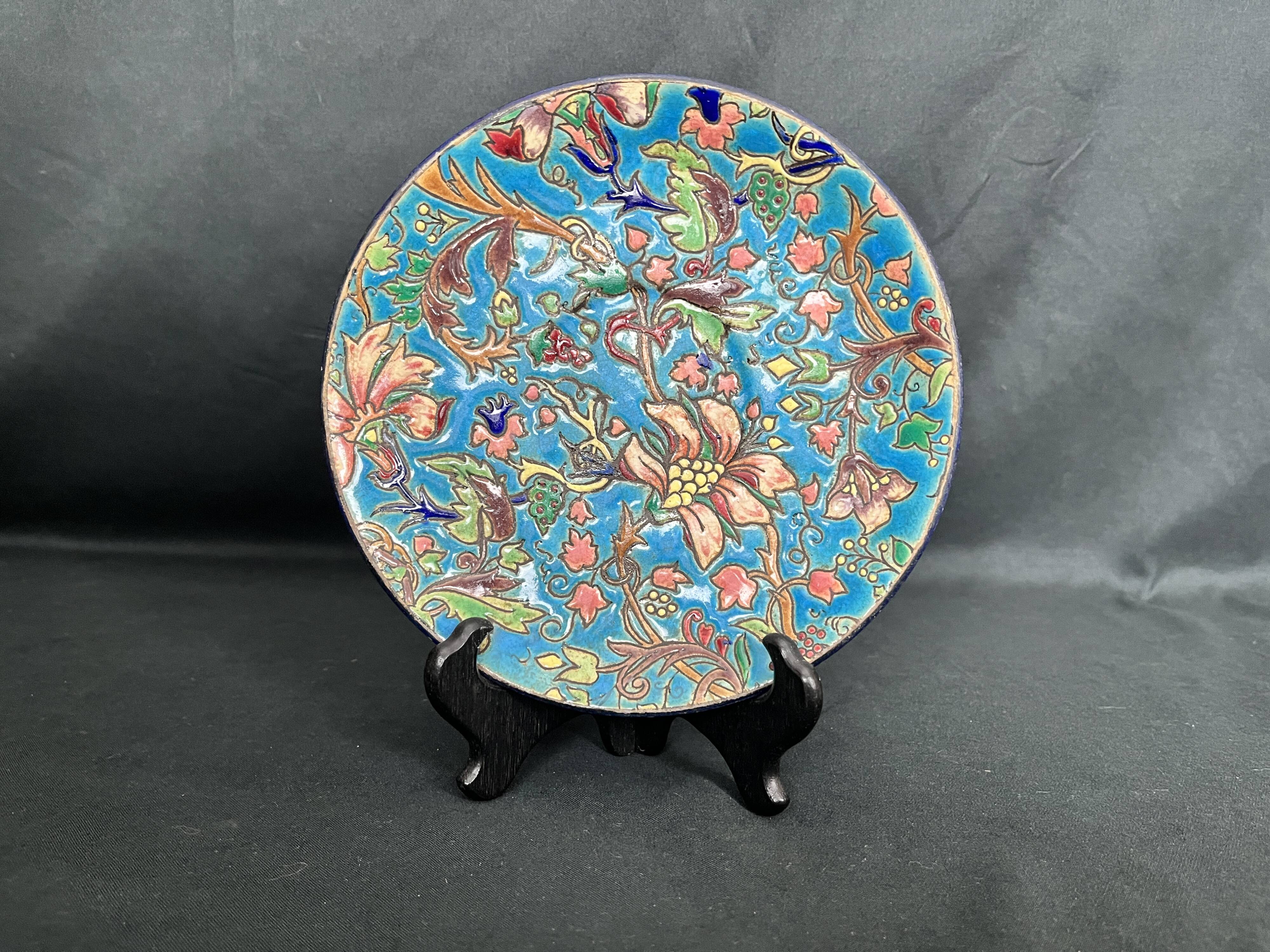 Longwy, small enamel plate with floral decoration, 19th century