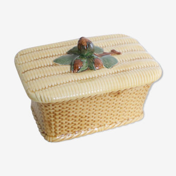 Old ceramic box, wicker imitation, and hazelnuts, vintage french