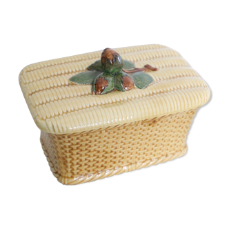 Old ceramic box, wicker imitation, and hazelnuts, vintage french